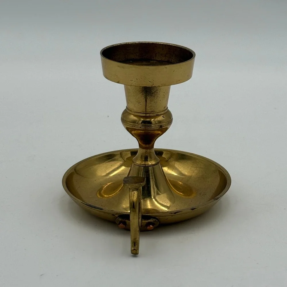 Vintage Solid Brass Chamberstick Candle Holder Finger Loop Handle Made in India